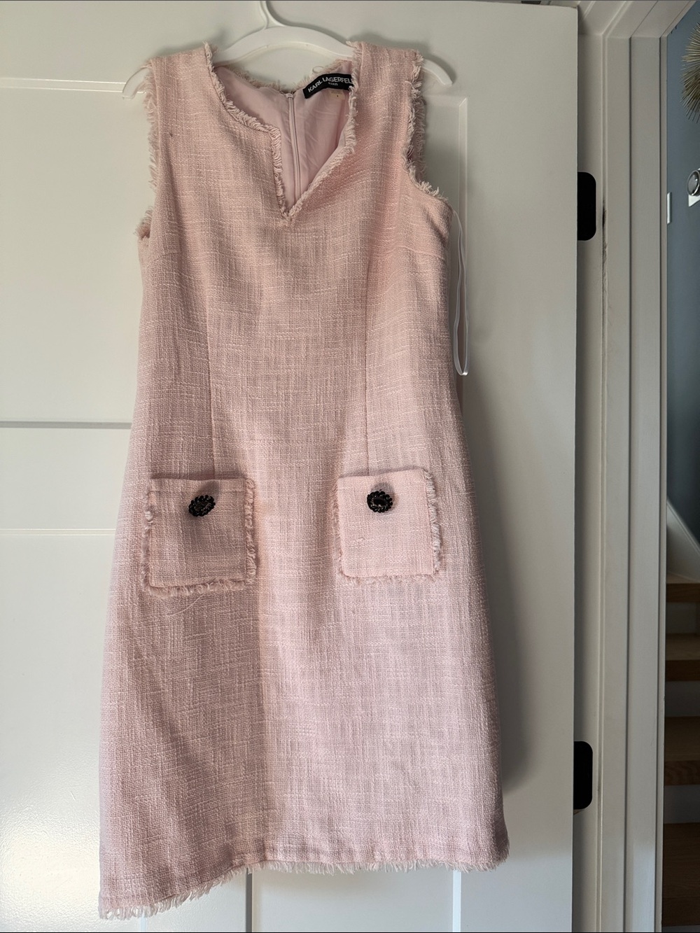 Karl Lagerfeld Pale Pink Tweed Shift Dress with Pocket Buttons
